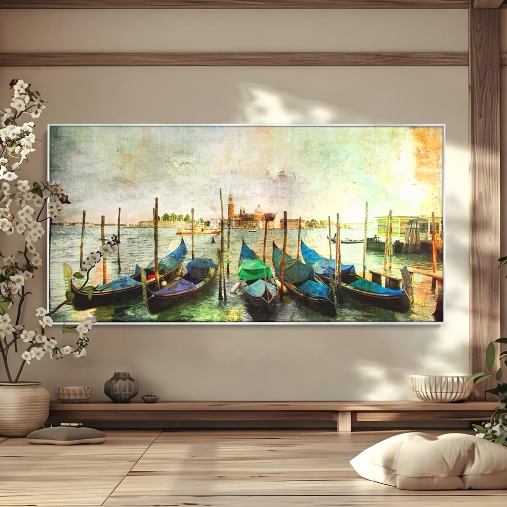 Tablou canvas cu pictura orizontala cu gondole in venetia, in rama de aluminiu argintiu